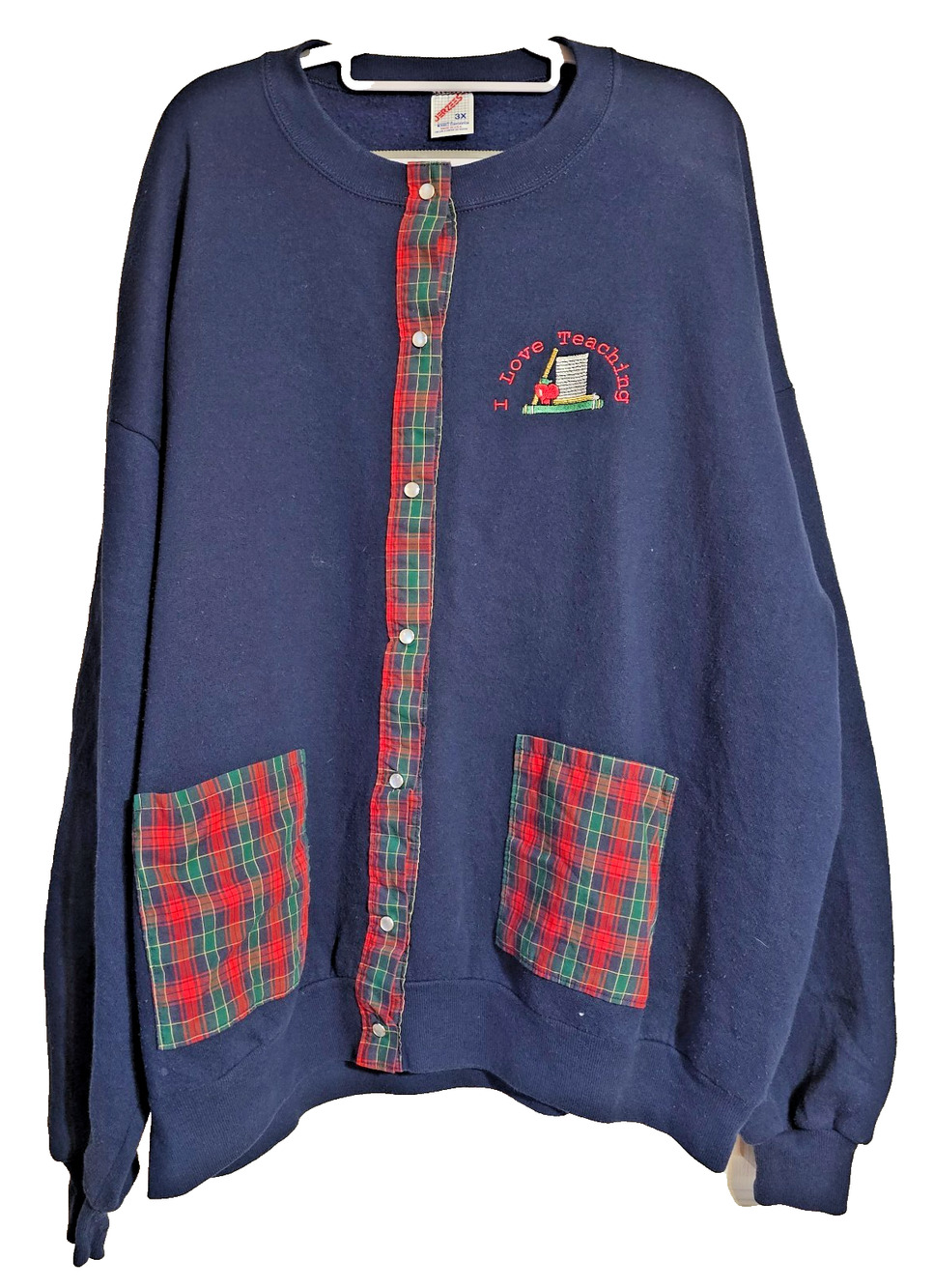 Vintage Jerzees I Love Teaching Plaid Trim Button Sweatshirt Cardigan Blue 3X